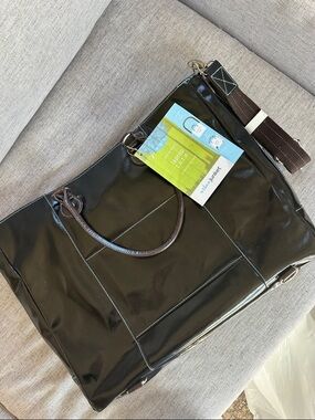 Black Patent Laptop Tote with Removable Strap